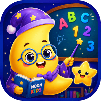 The Moon Kids mark: a crescent moon in a wizard's hat, reading a book