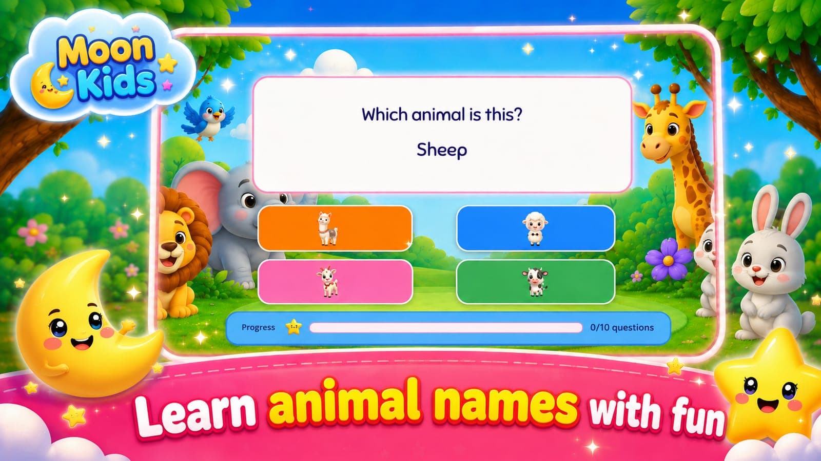 An animal naming round: "Which animal is this? Sheep", with four pictures to choose from