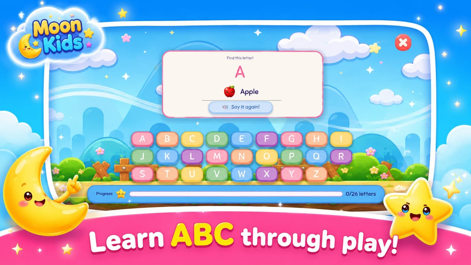 Learn ABC: the letter A shown with an apple and a "Say it again!" button, above the full alphabet, with progress reading 0 of 26 letters
