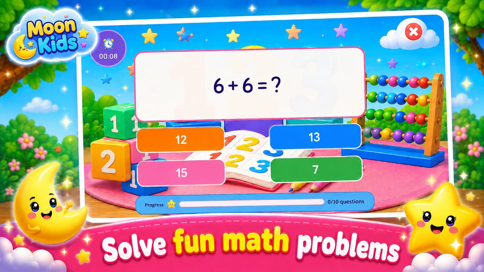 Math Blast in play: the question 6 + 6 = ? with four answer tiles, a timer and progress reading 0 of 10 questions