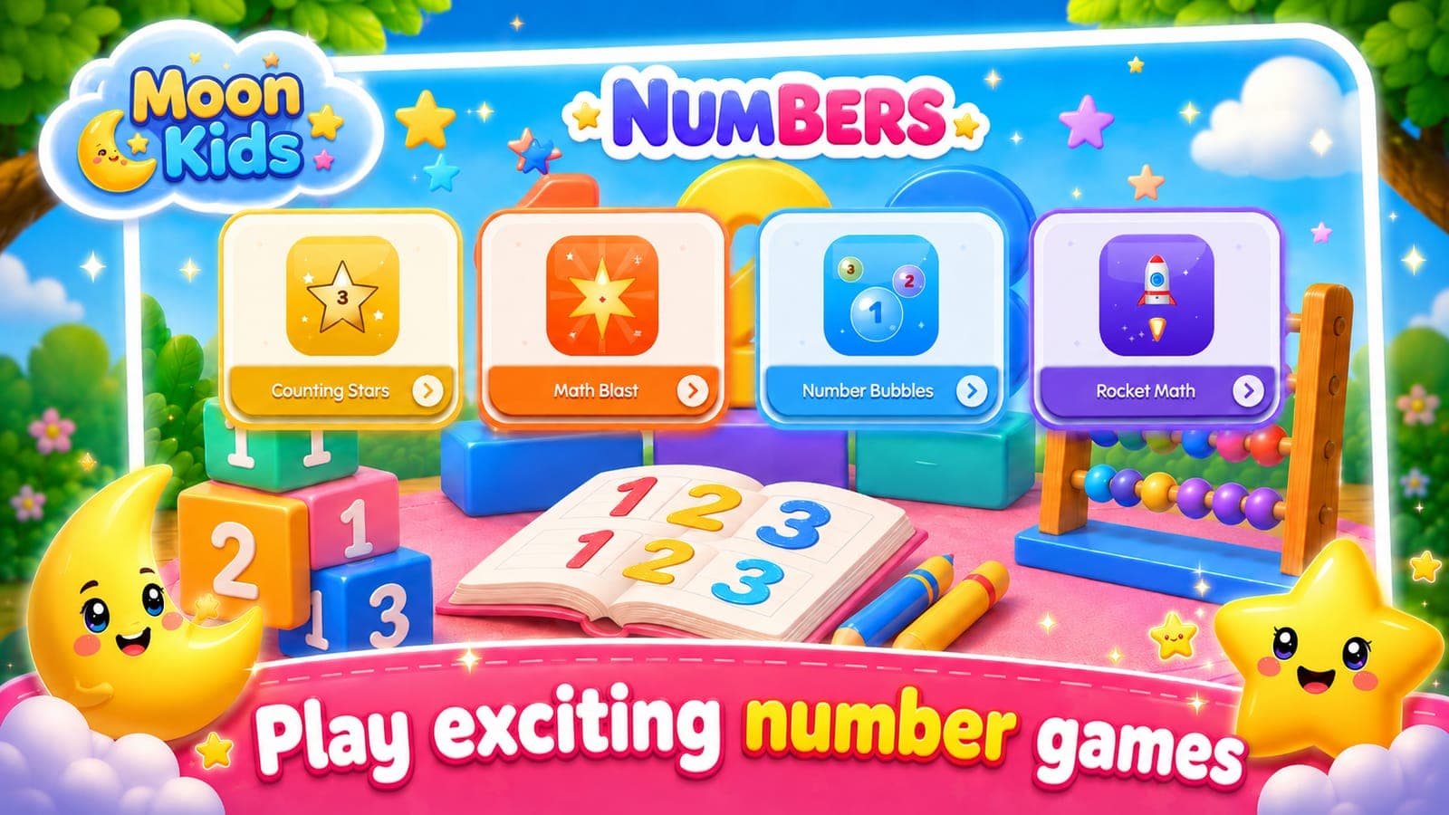 The Numbers category, offering Counting Stars, Math Blast, Number Bubbles and Rocket Math
