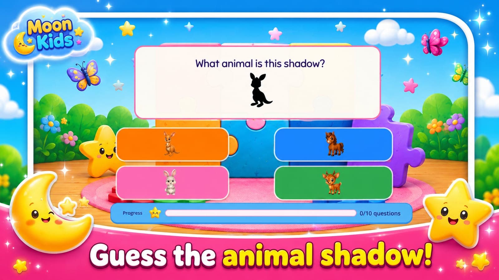 Shadow Match: "What animal is this shadow?" showing a kangaroo silhouette above four animal pictures