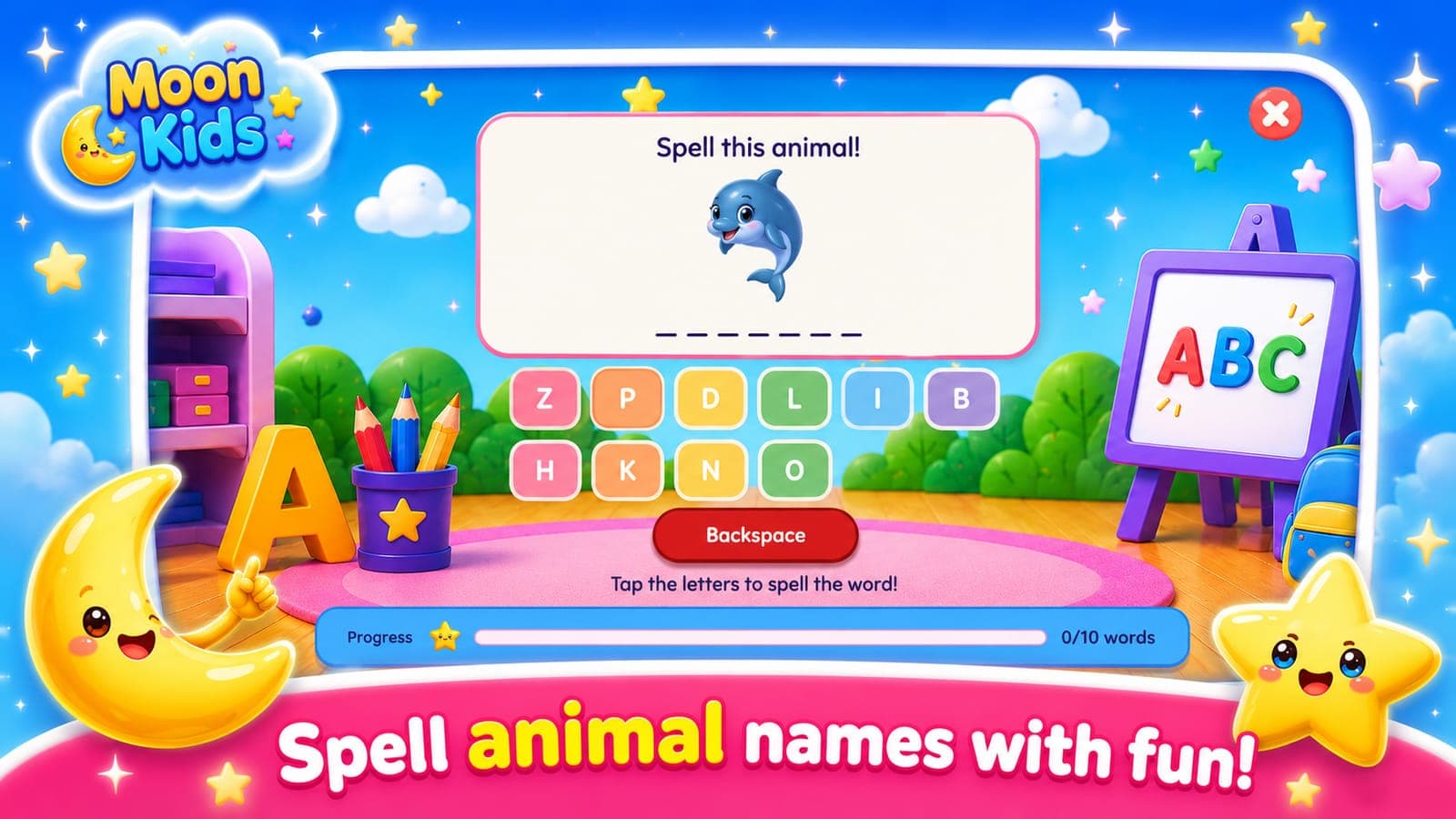 A spelling round: "Spell this animal!" showing a dolphin, blank letter spaces and a tray of letter tiles